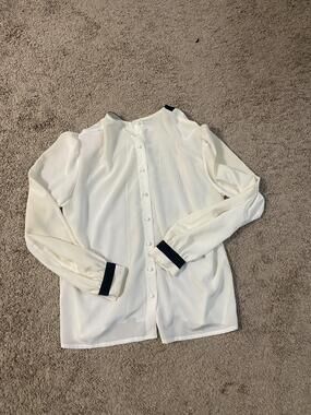 Lloyd Williams Shirt Womens Medium White Button Front Contrast Trim Blouse Top